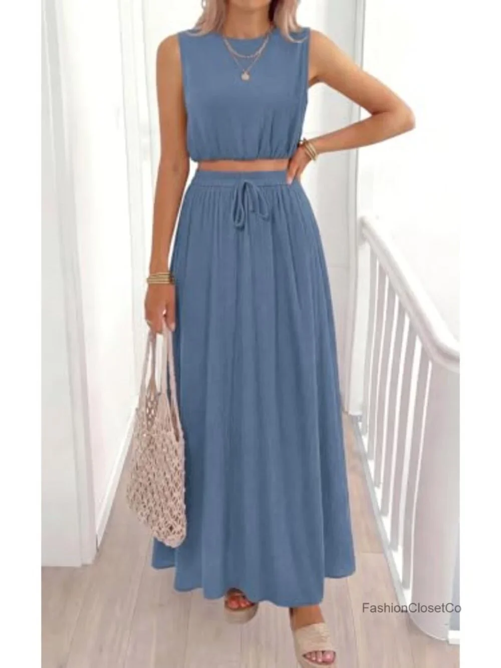 Cotton 2 Piece Set Sleeveless Crop Top Long Maxi Skirt with Pockets